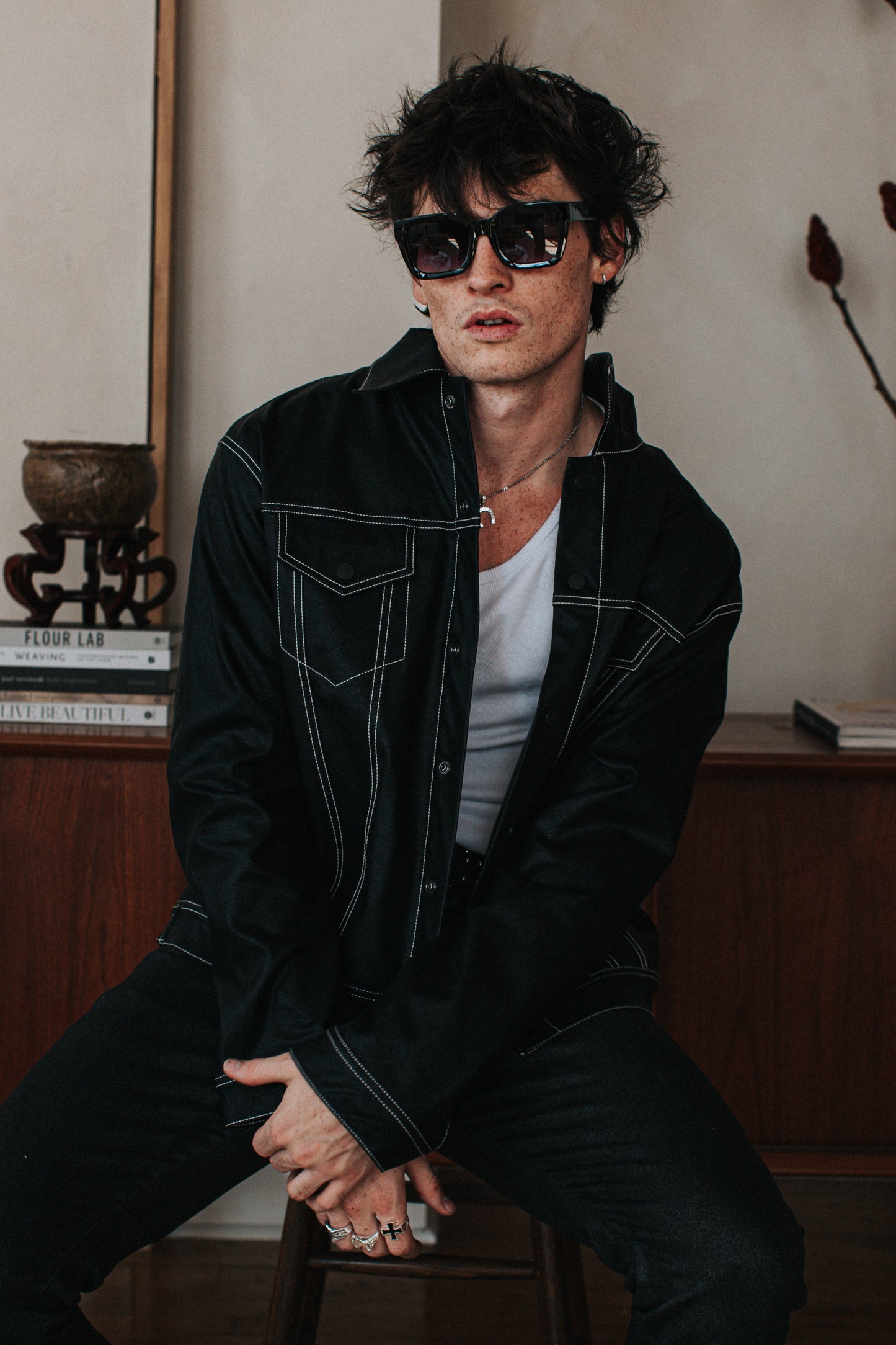 JM Contrast Vegan Leather Jacket - Black