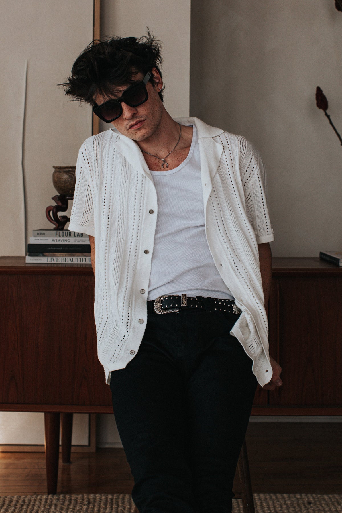 JM Resort Textural Knit Button Down - Off White