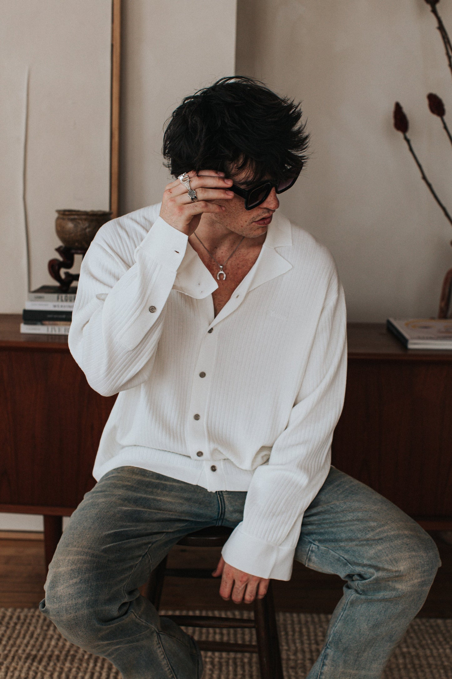 JM Shirts & Tops Knit Logo Button Down - White