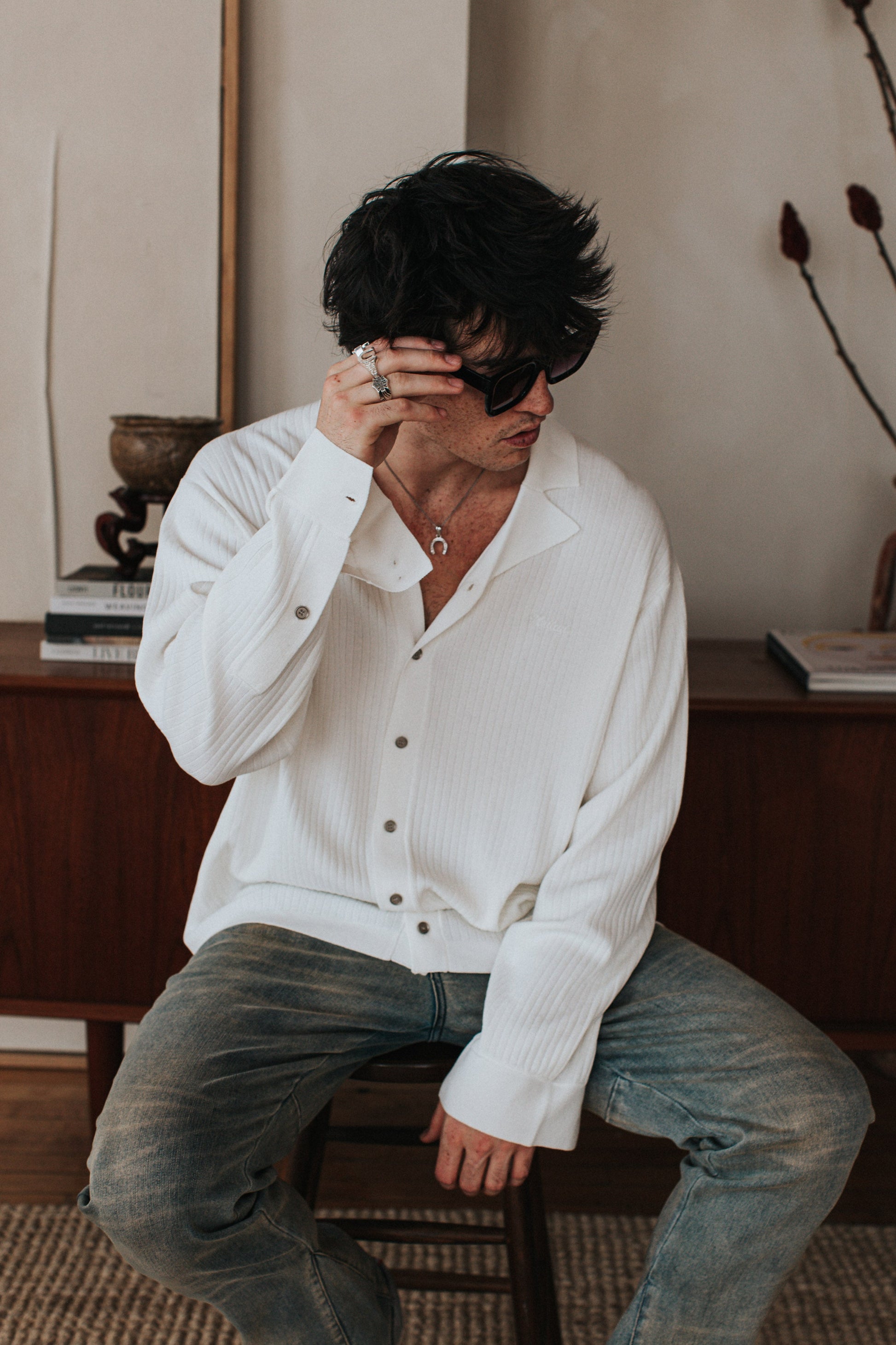 JM Shirts & Tops Knit Logo Button Down - White